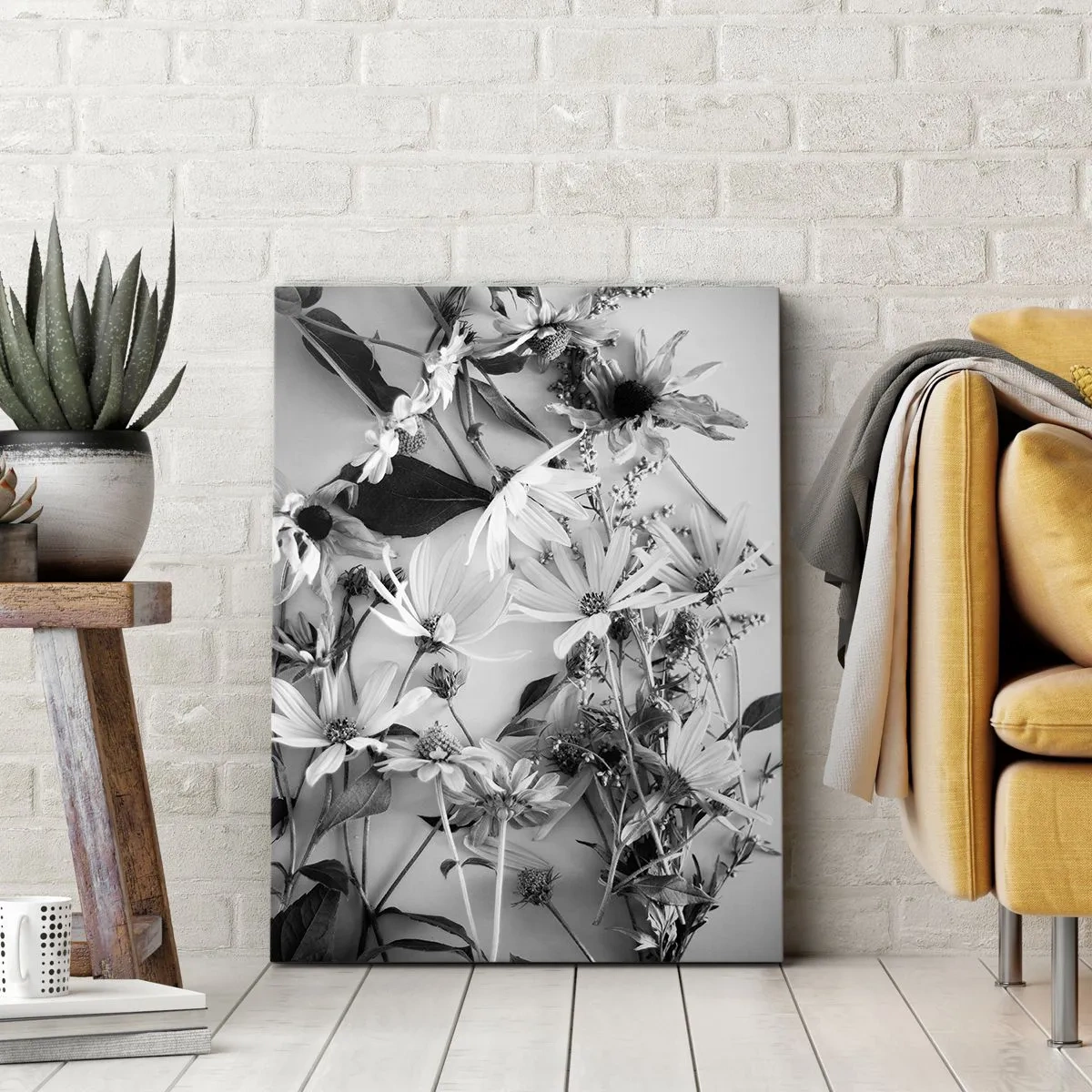 Bild auf Leinwand - Leinwandbild - Schwarz-weiße Blumenarrangements in dezentem Kunststil - 50x70cm - Kein Blumenstrauß - Moderne Wanddekoration für Wohnzimmer und Schlafzimmer ARTTOR