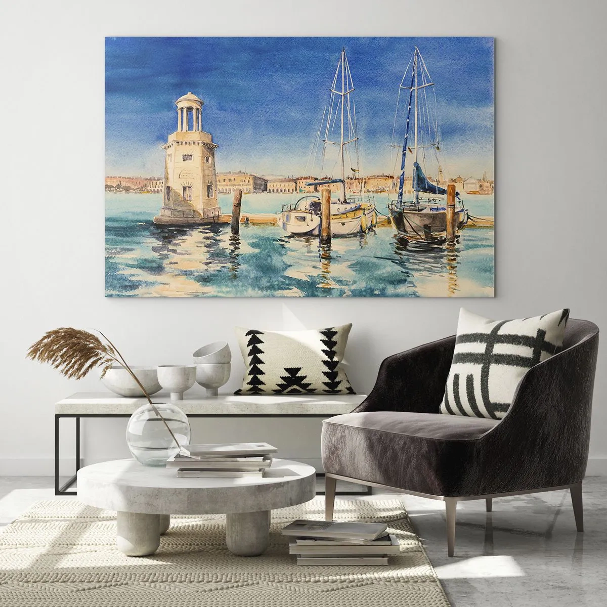 Glasbild - Bild auf glas - Aquarell-Jachthafen mit Leuchtturm und festgemachten Yachten - 70x50cm - Sonnige Lagune - Moderne Wanddekoration für Wohnzimmer und Schlafzimmer ARTTOR
