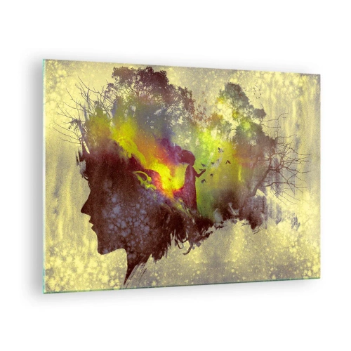 Glasbild - Bild auf glas - Das Gesichtsprofil einer Frau voller Natur und farbenfroher Effekte. - 70x50cm - Mutter Natur - Moderne Wanddekoration für Wohnzimmer und Schlafzimmer ARTTOR
