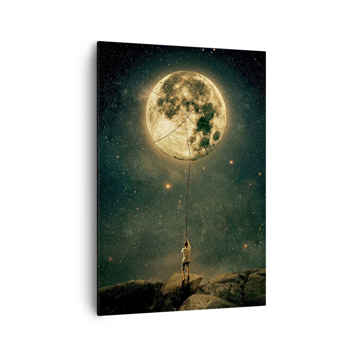 Bild auf Leinwand - Leinwandbild - Mann mit dem Mond vor dem Sternenhimmel - 70x100cm - Der Mann, der den Mond gestohlen hat - Moderne Wanddekoration für Wohnzimmer und Schlafzimmer ARTTOR