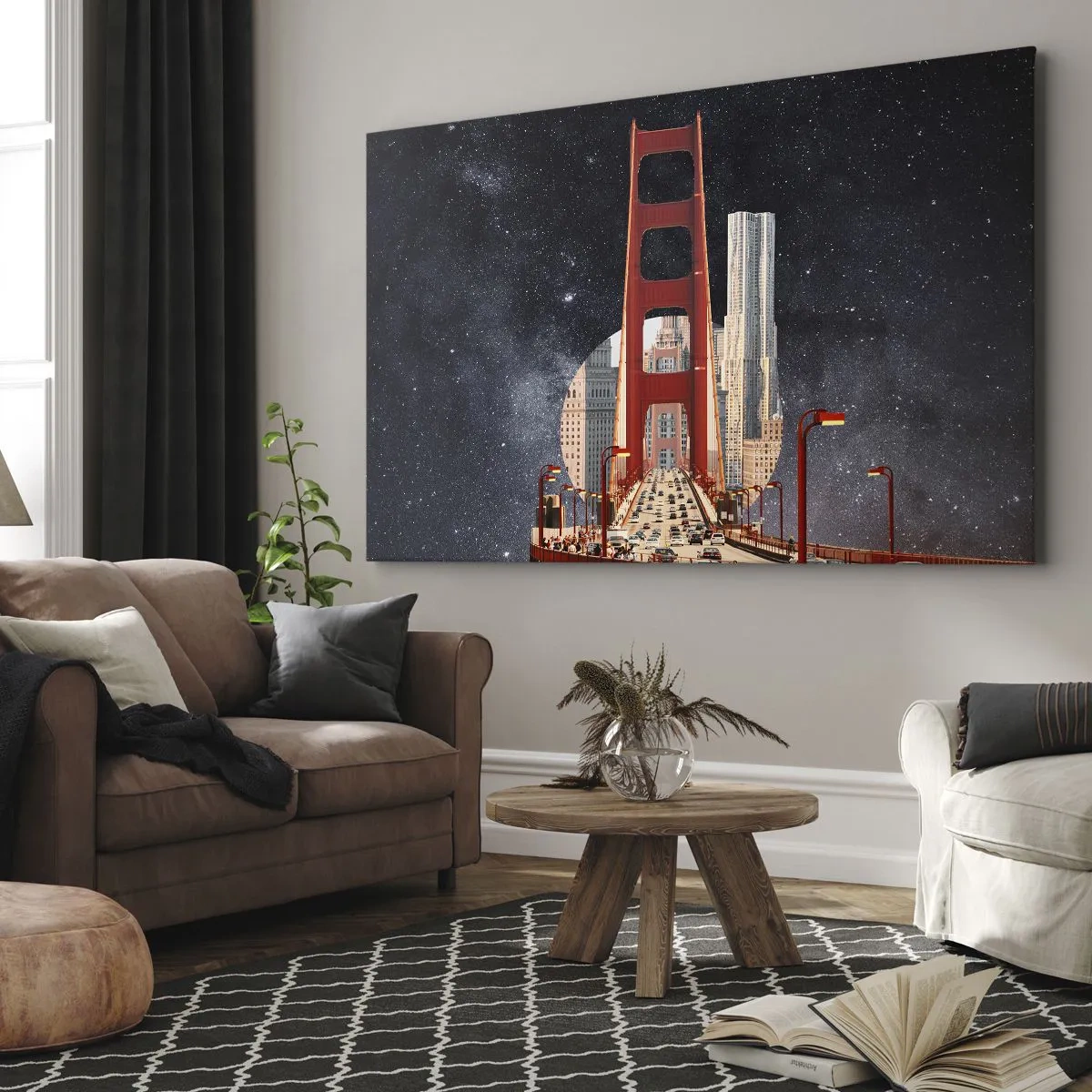 Bild auf Leinwand - Leinwandbild - Die Golden Gate Bridge mit der Stadt im Hintergrund vor einem Sternenhimmel - 120x80cm - Immer im Mittelpunkt - Moderne Wanddekoration für Wohnzimmer und Schlafzimmer ARTTOR