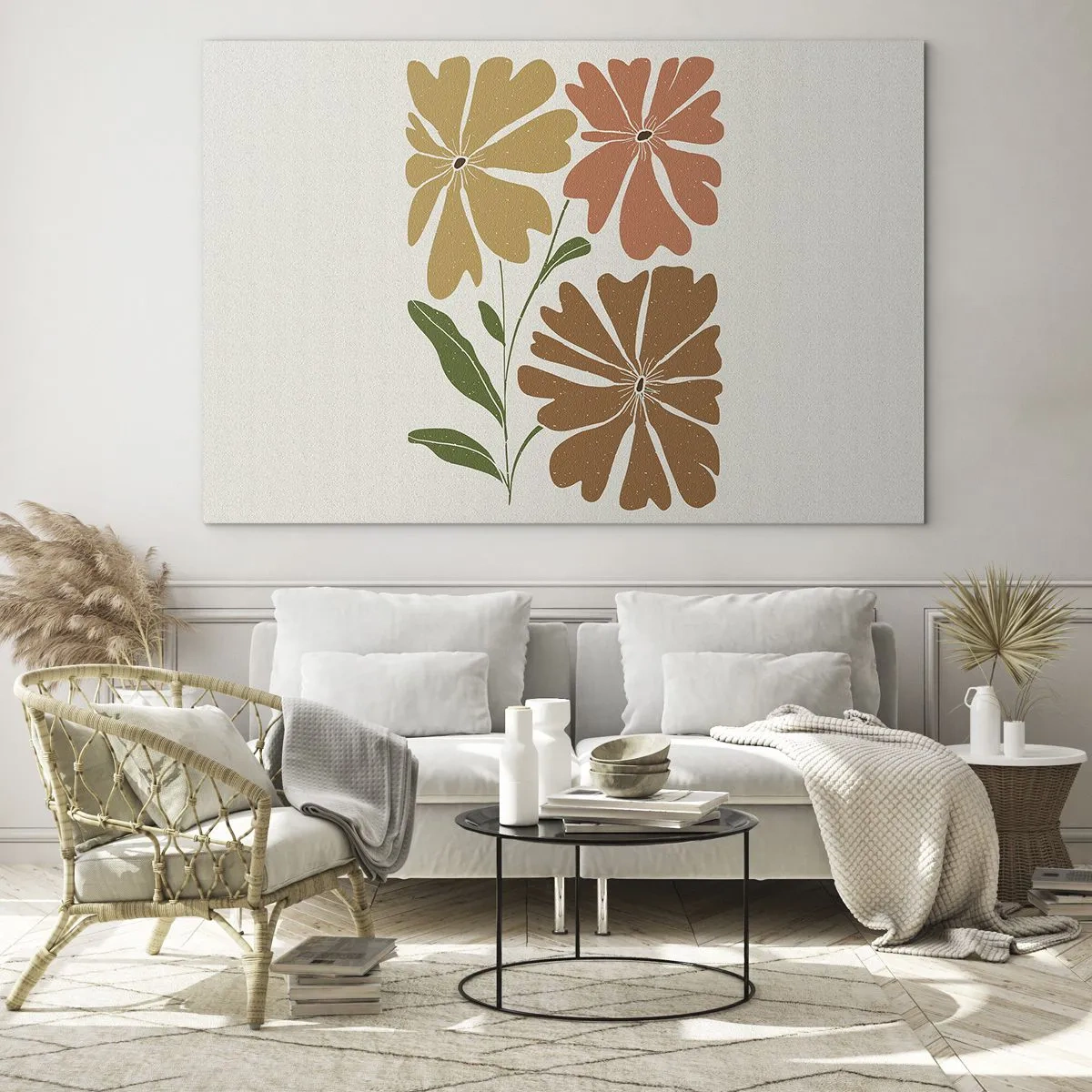 Glasbild - Bild auf glas - Drei stilisierte Blumen in warmen Farben auf hellem Hintergrund - 100x70cm - Natur und Geometrie - Moderne Wanddekoration für Wohnzimmer und Schlafzimmer ARTTOR