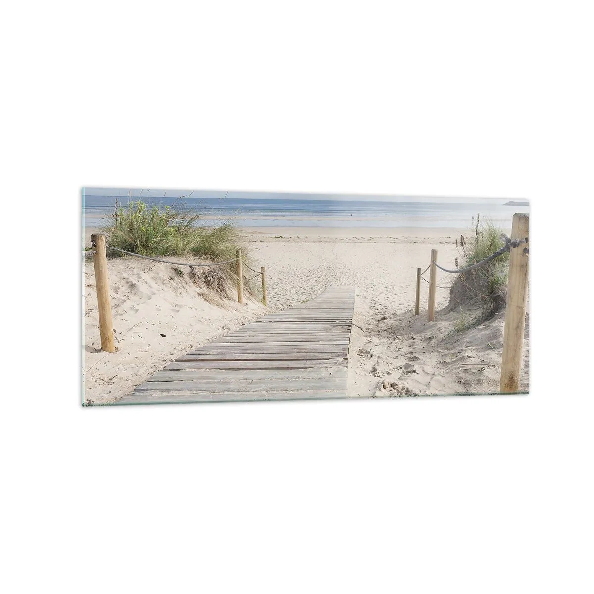 Glasbild - Bild auf glas - Ein Plankenweg, der zu einem Sandstrand führt - 120x50cm - Bis zum Horizont - Moderne Wanddekoration für Wohnzimmer und Schlafzimmer ARTTOR