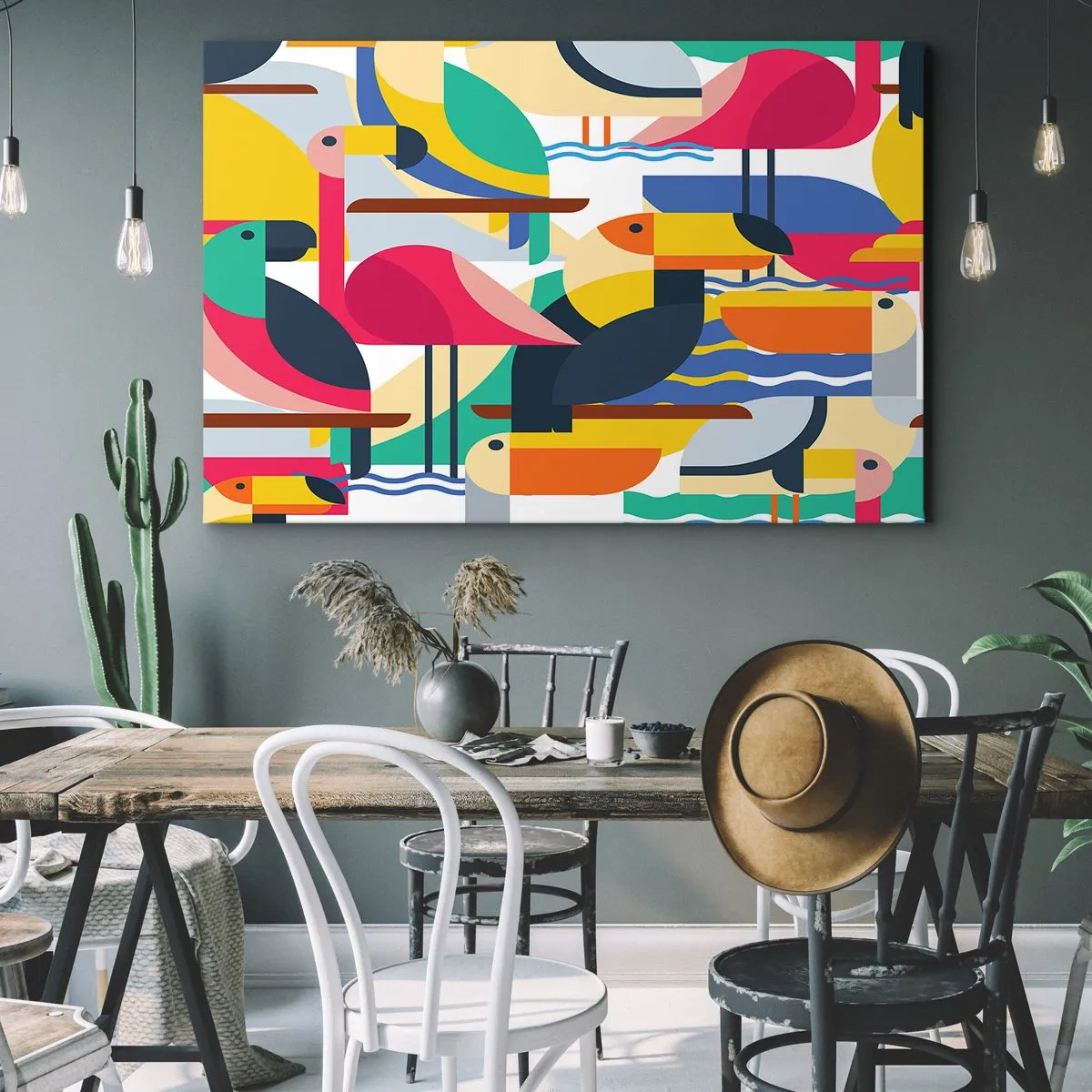 Bild auf Leinwand - Leinwandbild - Bunte Vögel in einer abstrakten, geometrischen Komposition - 100x70cm - Vogelparty - Moderne Wanddekoration für Wohnzimmer und Schlafzimmer ARTTOR