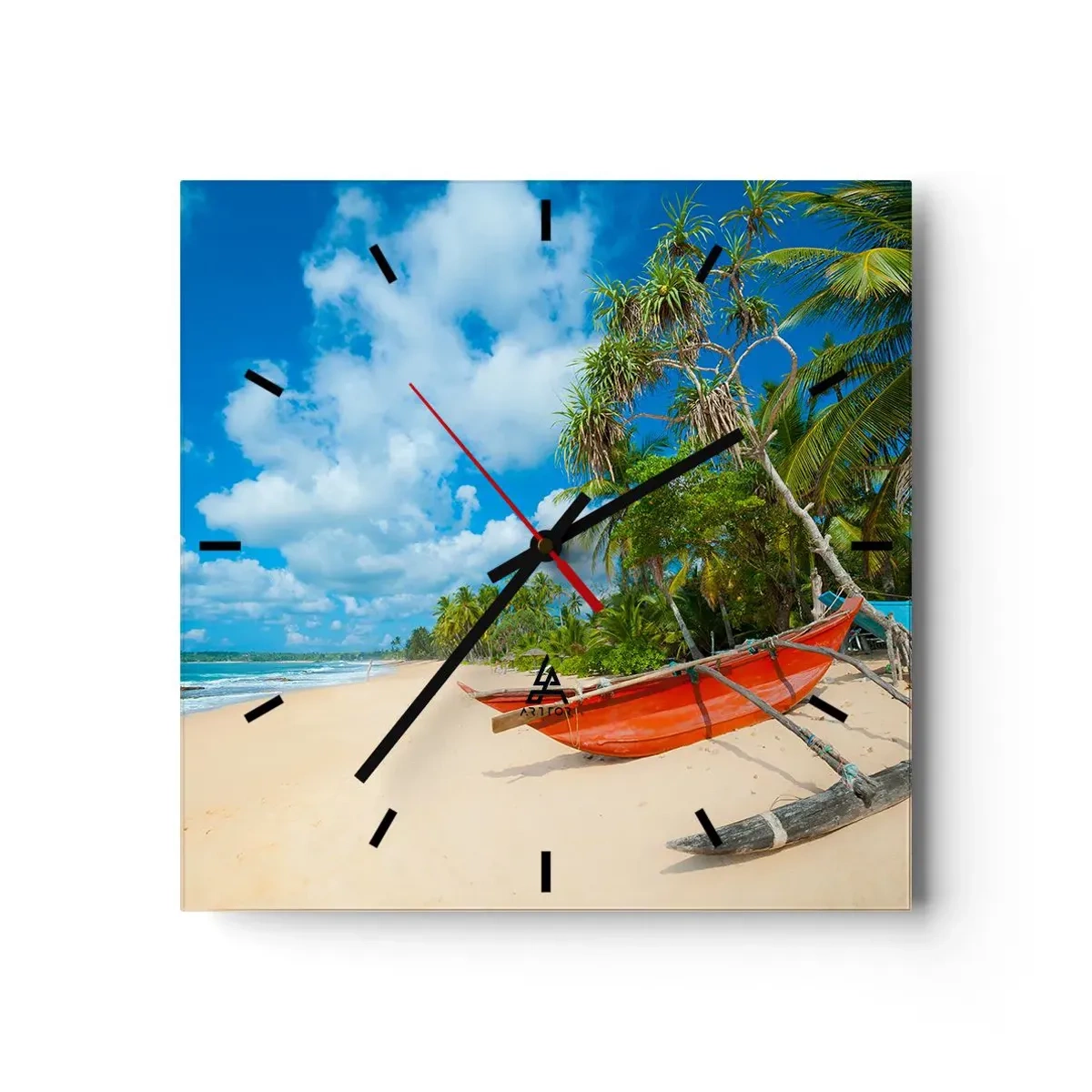Wanduhr - Glasuhr - Tropischer Strand mit Palmen und bunten Booten - 30x30cm - Der Charme der Tropen - Moderne Wanddekoration für Wohnzimmer und Schlafzimmer ARTTOR