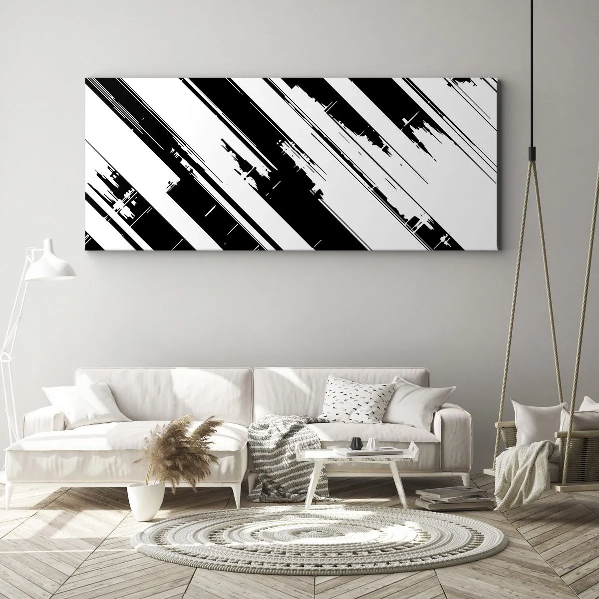 Bild auf Leinwand - Leinwandbild - Schwarz-weiße Linien und geometrische Muster im modernen Stil - 140x50cm - Eine intensive und dynamische Komposition - Moderne Wanddekoration für Wohnzimmer und Schlafzimmer ARTTOR