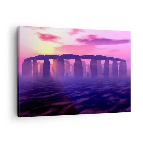 Bild auf Leinwand - Leinwandbild - Steinkreis bei Sonnenuntergang mit violettem Himmel - 70x50cm - Geheimnis im Morgengrauen im Nebel - Moderne Wanddekoration für Wohnzimmer und Schlafzimmer ARTTOR