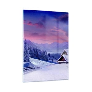Glasbild - Bild auf glas - Winterlandschaft mit Hütte und schneebedeckten Bergen - 50x70cm - Stille Nacht - Moderne Wanddekoration für Wohnzimmer und Schlafzimmer ARTTOR
