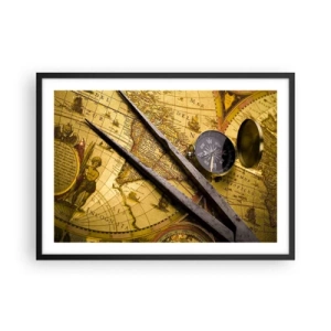 Poster in einem schwarzem Rahmen - Eine antike Weltkarte mit einem Kompass und einem Zirkel im Hintergrund - 70x50cm - Wo sind diese Schätze? - Moderne Wanddekoration für Wohnzimmer und Schlafzimmer ARTTOR