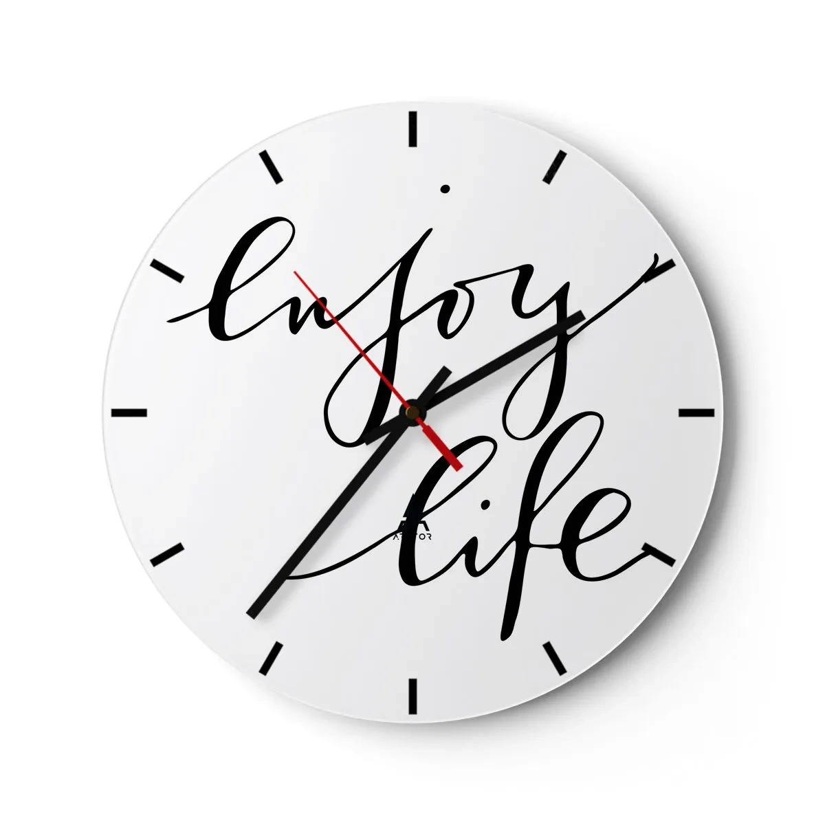 Wanduhr - Glasuhr - Eine weiße Uhr mit der schwarzen Aufschrift „Enjoy Life“ auf minimalistischem Hintergrund. - 30x30cm - Nichts hinzufügen… - Moderne Wanddekoration für Wohnzimmer, Küche und Schlafzimmer ARTTOR