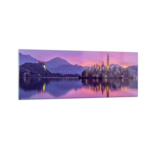 Glasbild - Bild auf glas - See mit einer Insel und einer Kirche bei Sonnenuntergang - 140x50cm - Eine märchenhafte Insel in der Abenddämmerung - Moderne Wanddekoration für Wohnzimmer und Schlafzimmer ARTTOR