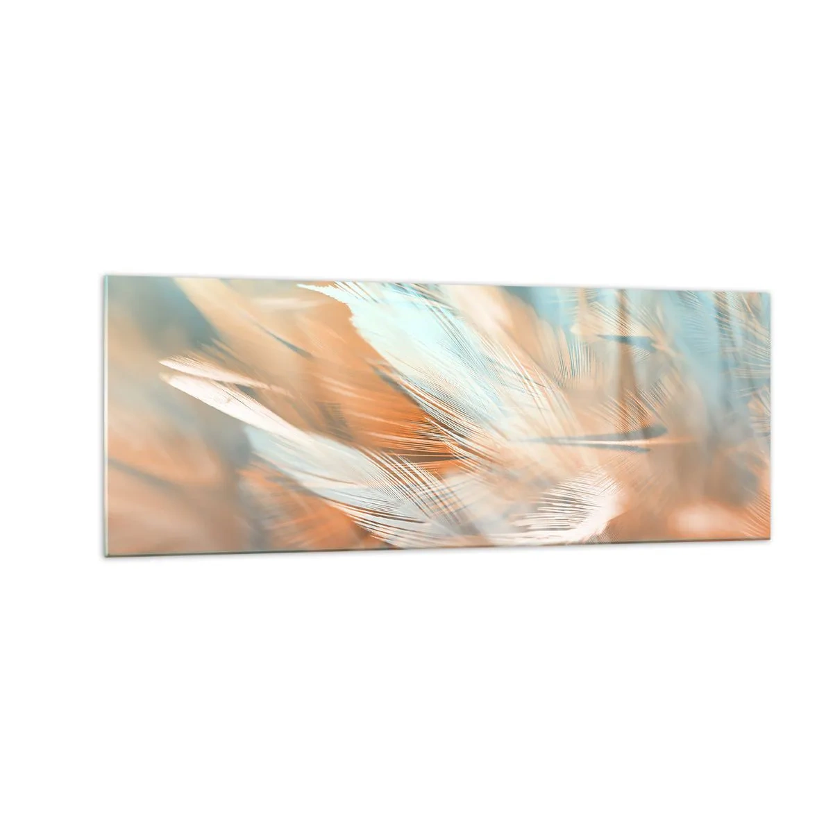 Glasbild - Bild auf glas - Zarte Federn in Pastelltönen von Blau und Orange - 140x50cm - Im Land der Sanftmut - Moderne Wanddekoration für Wohnzimmer und Schlafzimmer ARTTOR