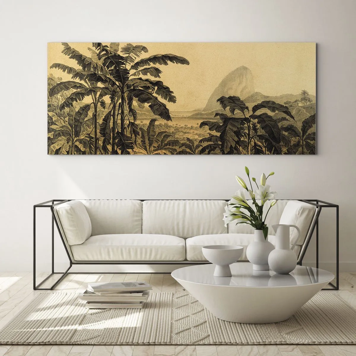 Glasbild - Bild auf glas - Zeichnung von Bananenbäumen vor dem Hintergrund einer tropischen Landschaft - 120x50cm - in einem kolonialen Klima - Moderne Wanddekoration für Wohnzimmer und Schlafzimmer ARTTOR