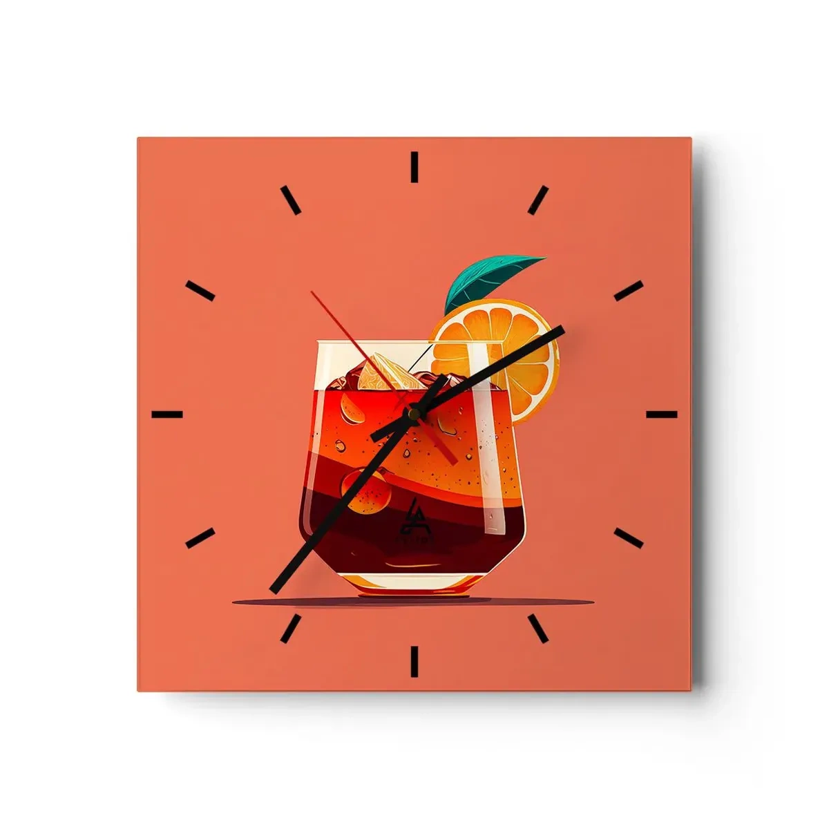 Wanduhr - Glasuhr - Ein Glas Getränk und eine Orangenscheibe auf orangefarbenem Hintergrund - 30x30cm - Sommerliche Erfrischung - Moderne Wanddekoration für Wohnzimmer und Schlafzimmer ARTTOR