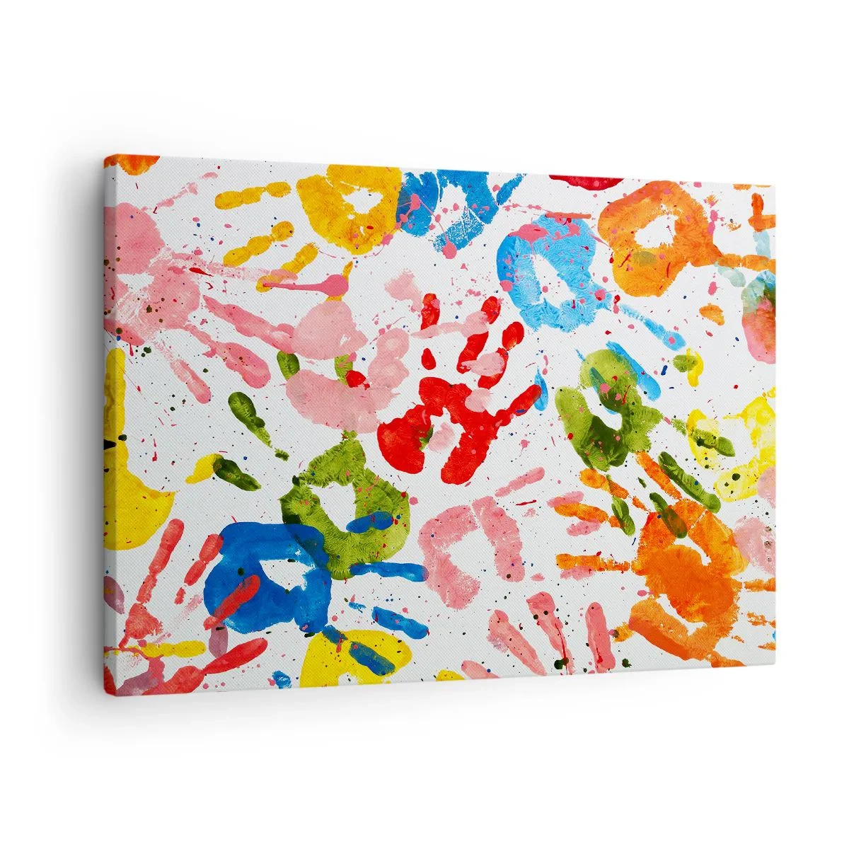 Bild auf Leinwand - Leinwandbild - Bunte Handabdrücke auf weißem Hintergrund - 70x50cm - Folgen Sie den Spuren - Moderne Wanddekoration für Wohnzimmer und Schlafzimmer ARTTOR