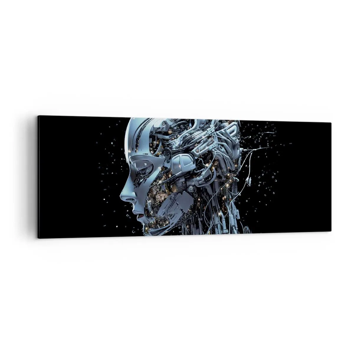 Bild auf Leinwand - Leinwandbild - Futuristisches Porträt eines Cyborgs im Industriestil auf schwarzem Hintergrund. - 140x50cm - Technologie ist eine Frau - Moderne Wanddekoration für Wohnzimmer und Schlafzimmer ARTTOR