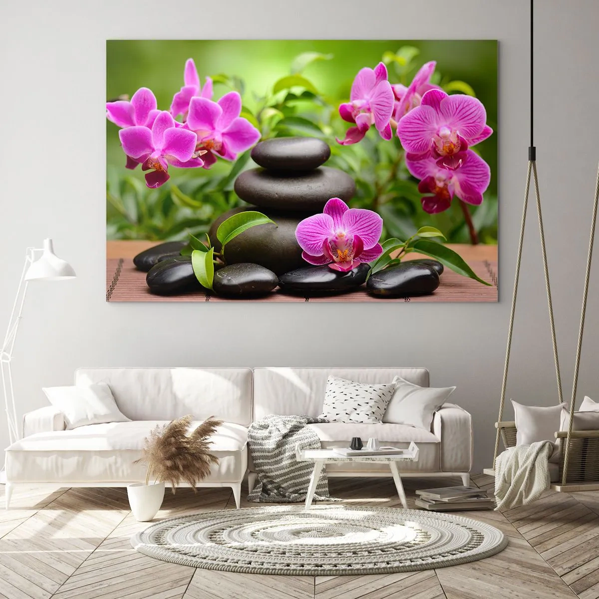 Glasbild - Bild auf glas - Rosa Orchideen und schwarze Steine in einer ruhigen Umgebung - 100x70cm - Die Pyramide des Friedens - Moderne Wanddekoration für Wohnzimmer und Schlafzimmer ARTTOR