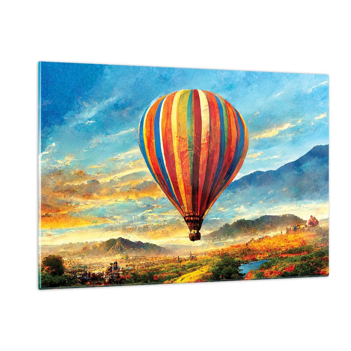 Glasbild - Bild auf glas - Ein bunter Ballon schwebt über einer Berglandschaft - 120x80cm - In der Stille sieht man mehr - Moderne Wanddekoration für Wohnzimmer und Schlafzimmer ARTTOR