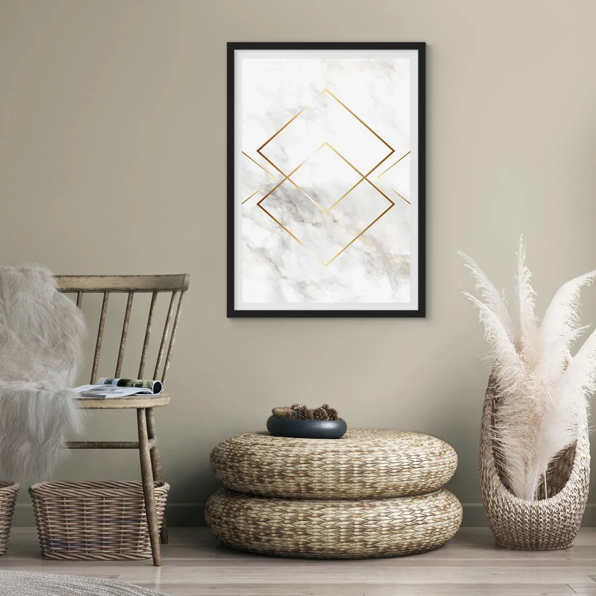 Poster in einem schwarzem Rahmen - Geometrie in goldenen Linien auf Marmorhintergrund - 50x70cm - Ein Blick in die Unendlichkeit - Moderne Wanddekoration für Wohnzimmer und Schlafzimmer ARTTOR