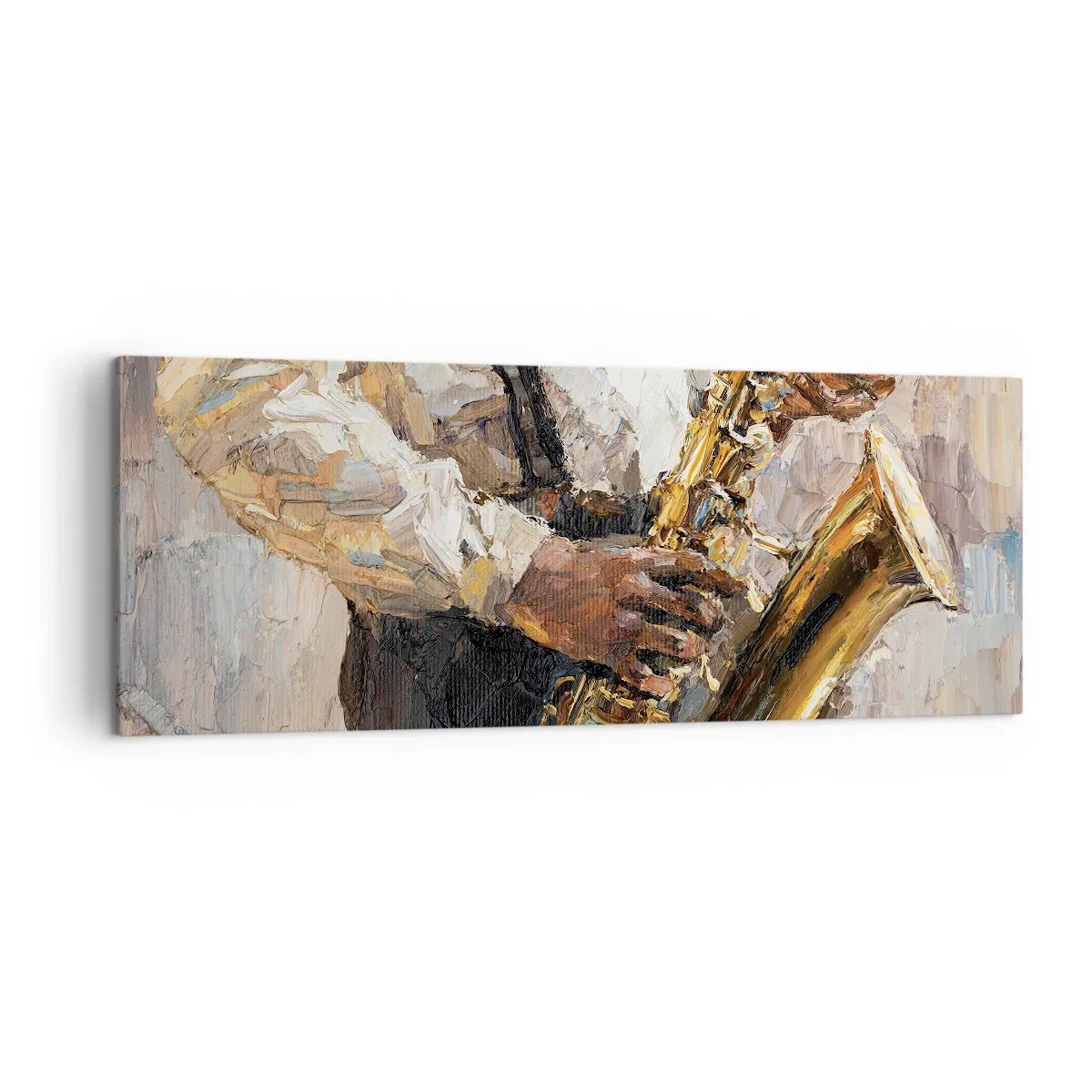 Bild auf Leinwand - Leinwandbild - Ein Musiker, der Saxophon in einem künstlerischen Stil spielt - 140x50cm - Zeit fürs Solo - Moderne Wanddekoration für Wohnzimmer und Schlafzimmer ARTTOR