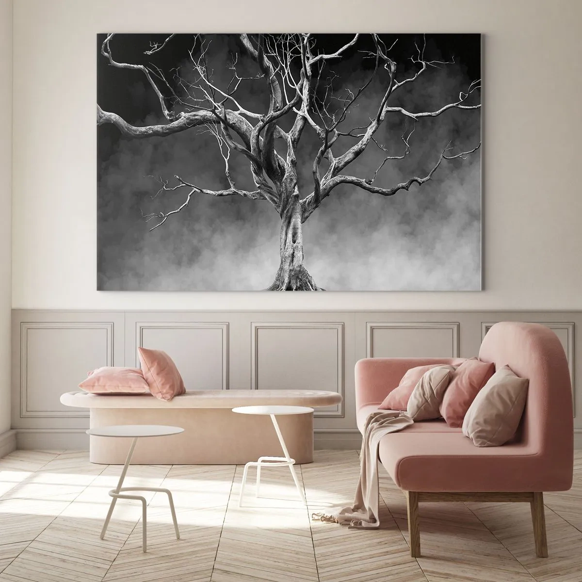 Glasbild - Bild auf glas - Schwarzer Baum gegen den Nebel - 70x50cm - Ursprünglich und heilig - Moderne Wanddekoration für Wohnzimmer und Schlafzimmer ARTTOR