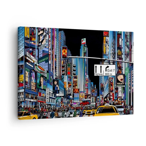 Bild auf Leinwand - Leinwandbild - Eine geschäftige Stadt mit bunten Werbetafeln und gelben Taxis - 70x50cm - Comicbuch große Nacht - Moderne Wanddekoration für Wohnzimmer und Schlafzimmer ARTTOR