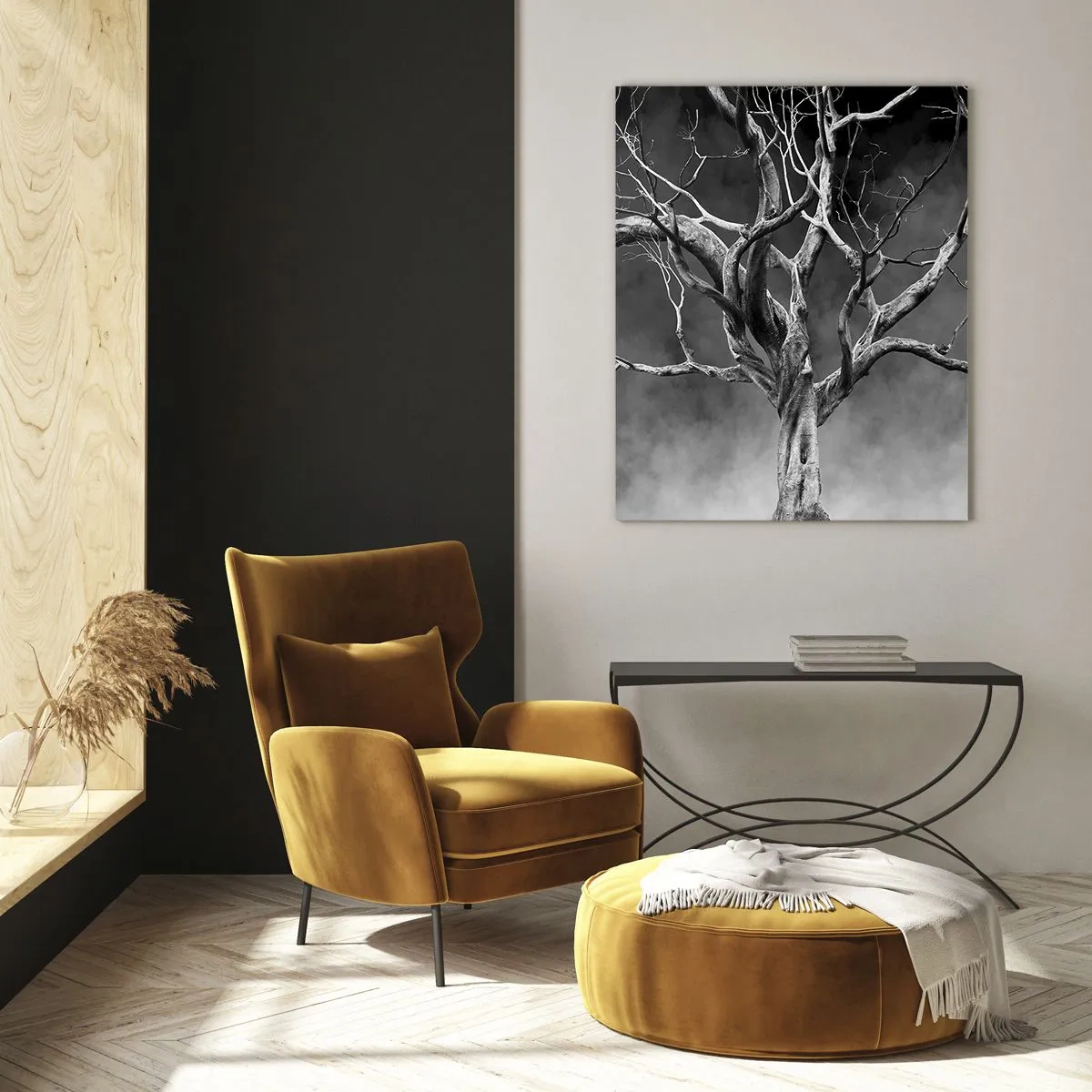 Glasbild - Bild auf glas - Ein trockener Baum in Schwarz und Weiß gegen den Nebel - 80x120cm - Ursprünglich und heilig - Moderne Wanddekoration für Wohnzimmer und Schlafzimmer ARTTOR