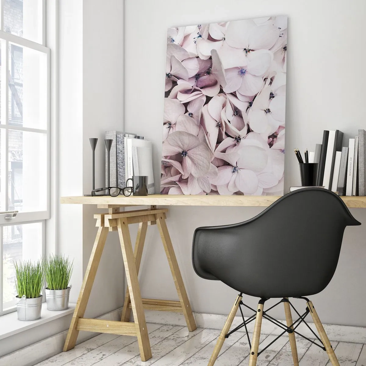 Glasbild - Bild auf glas - Zarte hellrosa Hortensien in Nahaufnahme - 50x70cm - In einer Blumenflut - Moderne Wanddekoration für Wohnzimmer und Schlafzimmer ARTTOR
