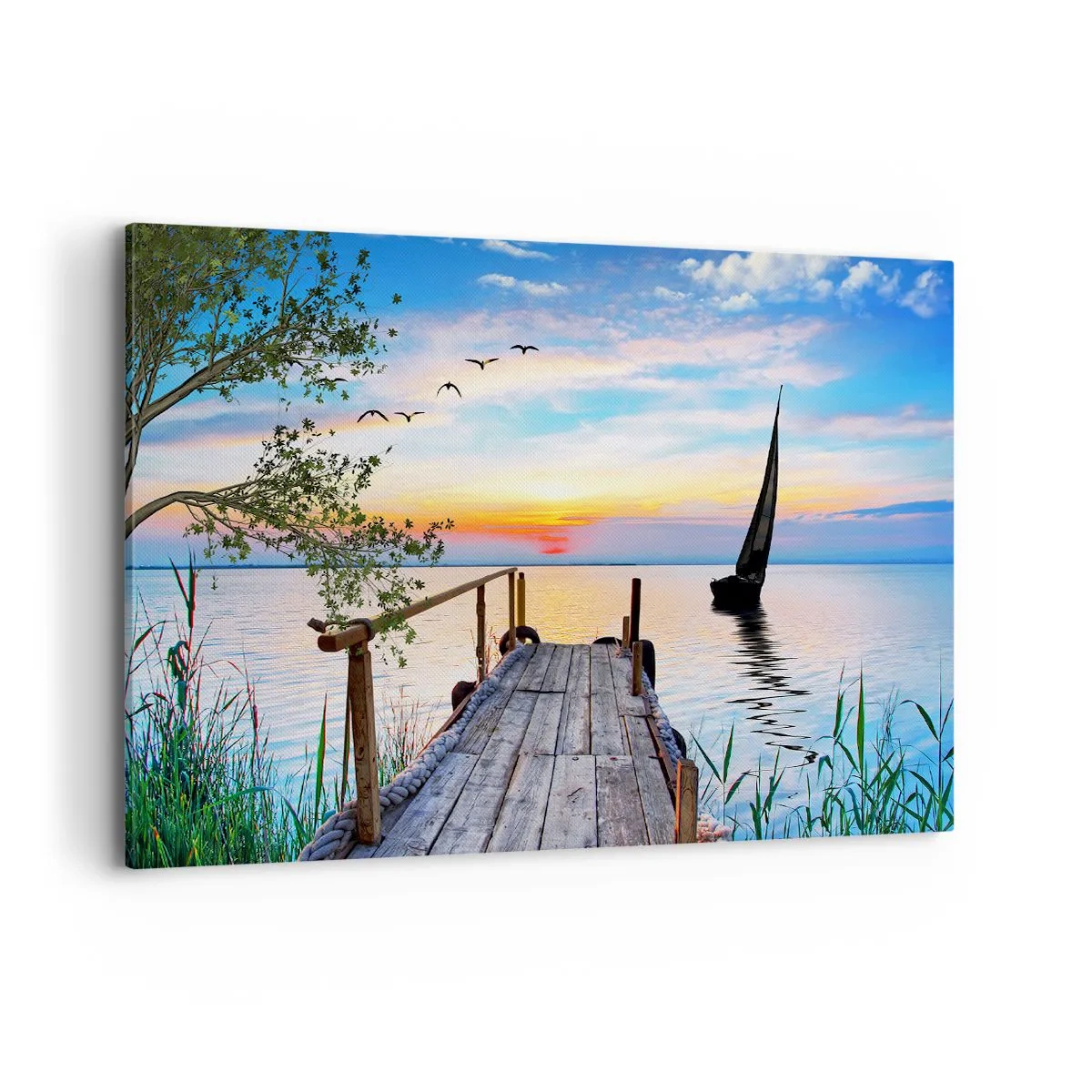 Bild auf Leinwand - Leinwandbild - Seepier mit Boot und Sonnenuntergang - 120x80cm - Guten Abend - Moderne Wanddekoration für Wohnzimmer und Schlafzimmer ARTTOR