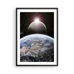Poster in einem schwarzem Rahmen - Planeten Erde und Mond im Weltraum - 50x70cm - Weltraumlandschaft - Sonnenaufgang - Moderne Wanddekoration für Wohnzimmer und Schlafzimmer ARTTOR