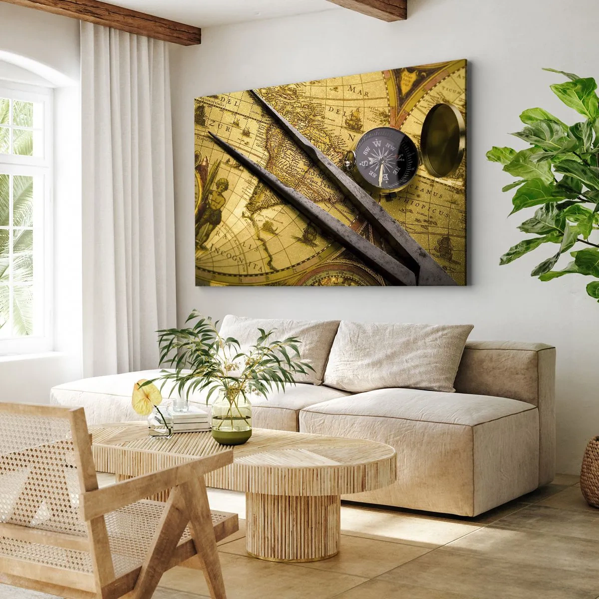 Bild auf Leinwand - Leinwandbild - Eine antike Weltkarte mit einem Kompass und einem Zirkel im Hintergrund - 120x80cm - Wo sind diese Schätze? - Moderne Wanddekoration für Wohnzimmer und Schlafzimmer ARTTOR