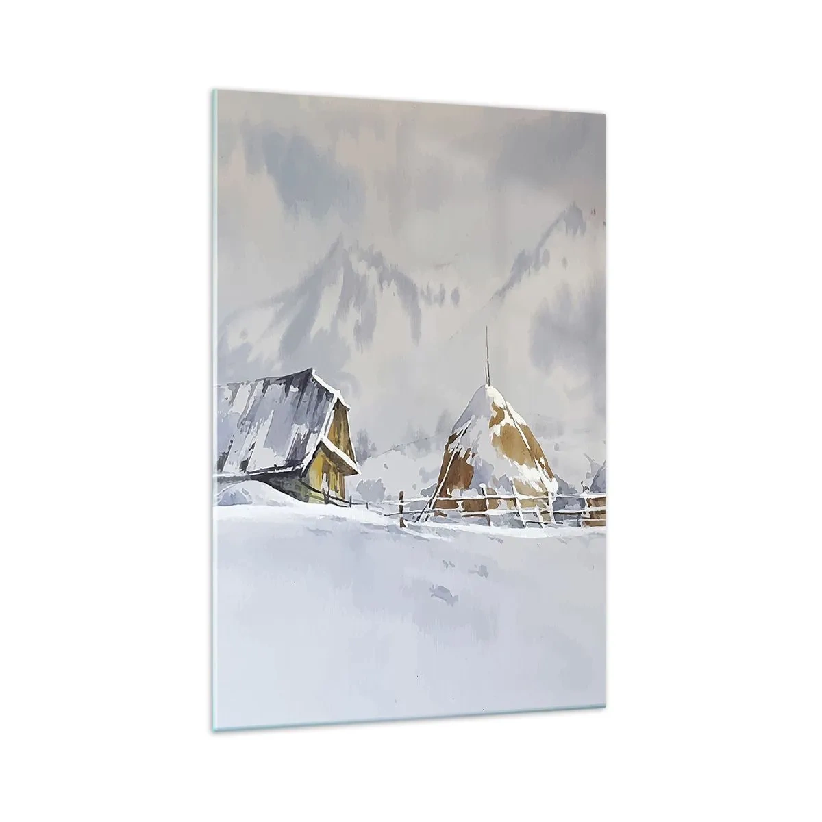 Glasbild - Bild auf glas - Winterlandschaft mit Hütte und Heuhaufen in den Bergen - 70x100cm - In einem verschneiten Talkessel - Moderne Wanddekoration für Wohnzimmer und Schlafzimmer ARTTOR