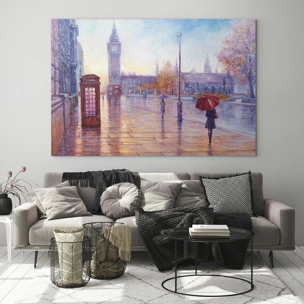 Glasbild - Bild auf glas - Londoner Szene im Regen mit Big Ben und der roten Box - 70x50cm - Londoner Herbsttag - Moderne Wanddekoration für Wohnzimmer und Schlafzimmer ARTTOR