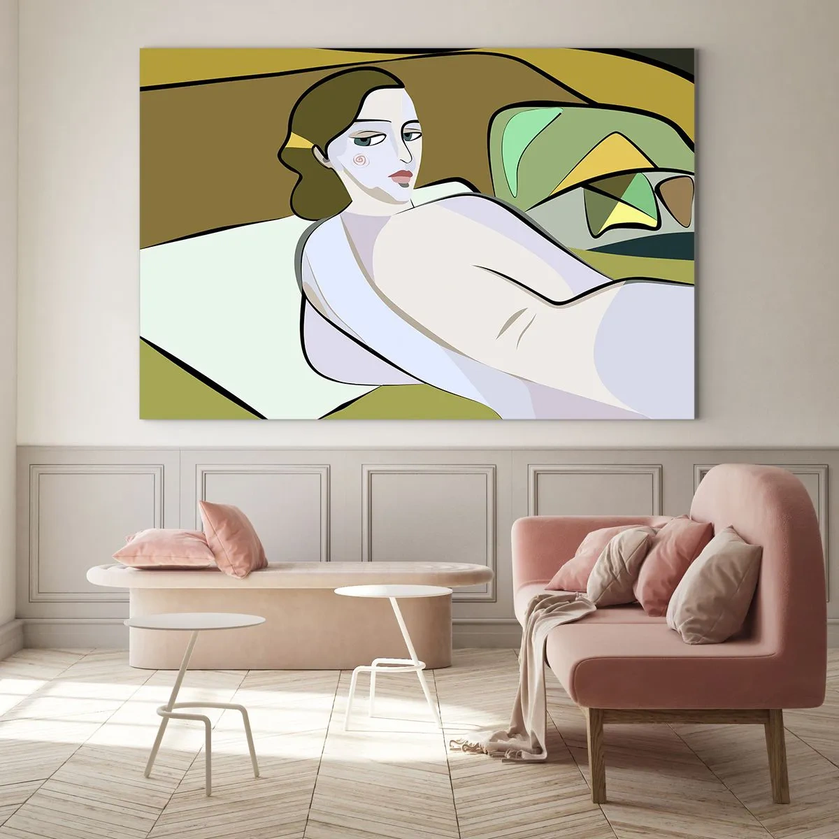 Glasbild - Bild auf glas - Weibliche Silhouette im abstrakten Stil mit geometrischem Hintergrund - 70x50cm - Intimes Porträt - Moderne Wanddekoration für Wohnzimmer und Schlafzimmer ARTTOR