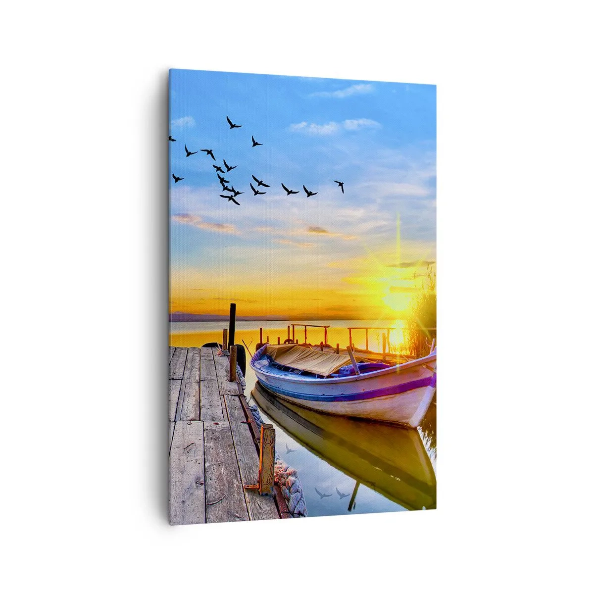 Bild auf Leinwand - Leinwandbild - Ein Boot an einem Holzsteg bei Sonnenuntergang - 80x120cm - Bis morgen - Moderne Wanddekoration für Wohnzimmer und Schlafzimmer ARTTOR
