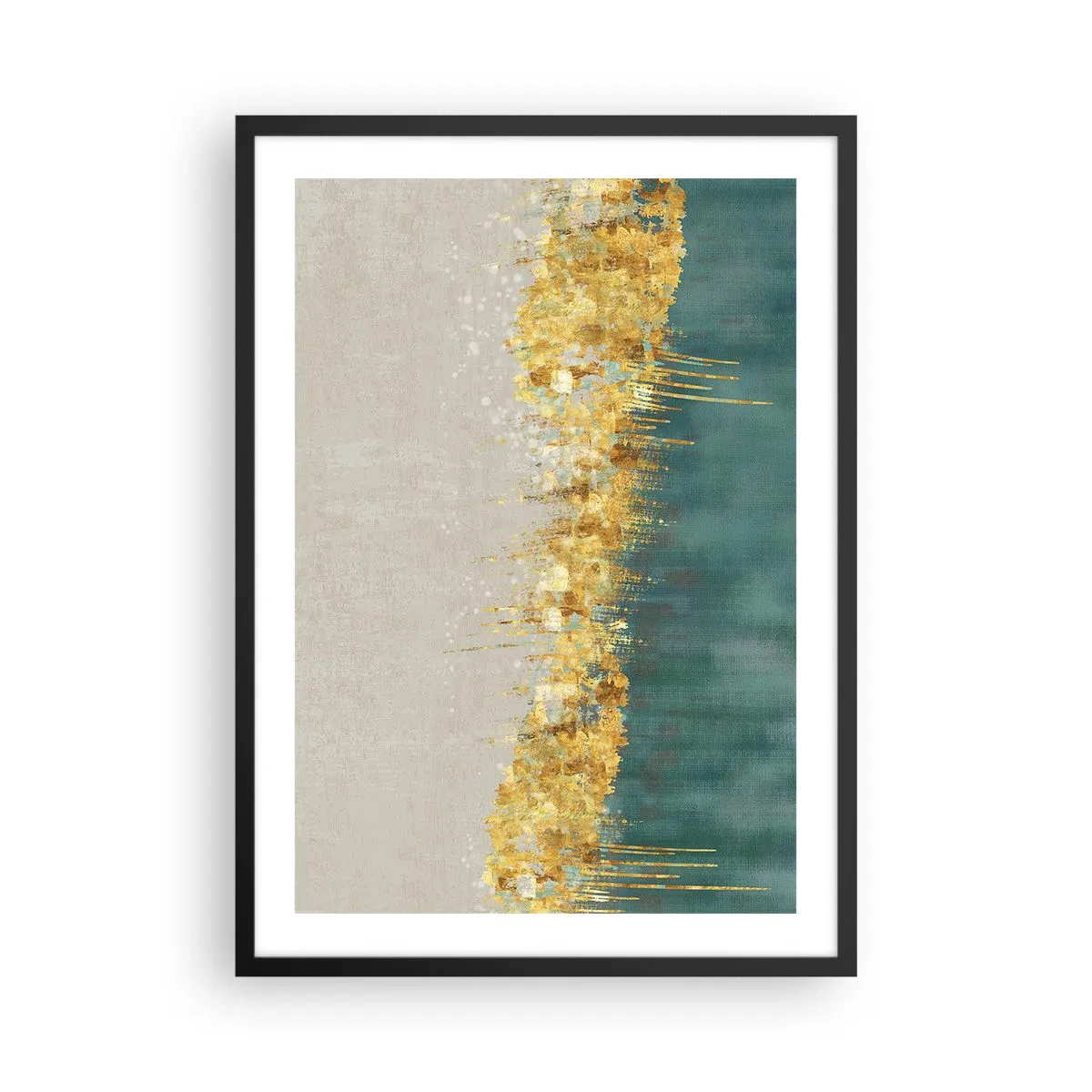 Poster in einem schwarzem Rahmen - Eine abstrakte Komposition aus Gold, Beige und Grün - 50x70cm - Goldener Rand - Moderne Wanddekoration für Wohnzimmer und Schlafzimmer ARTTOR