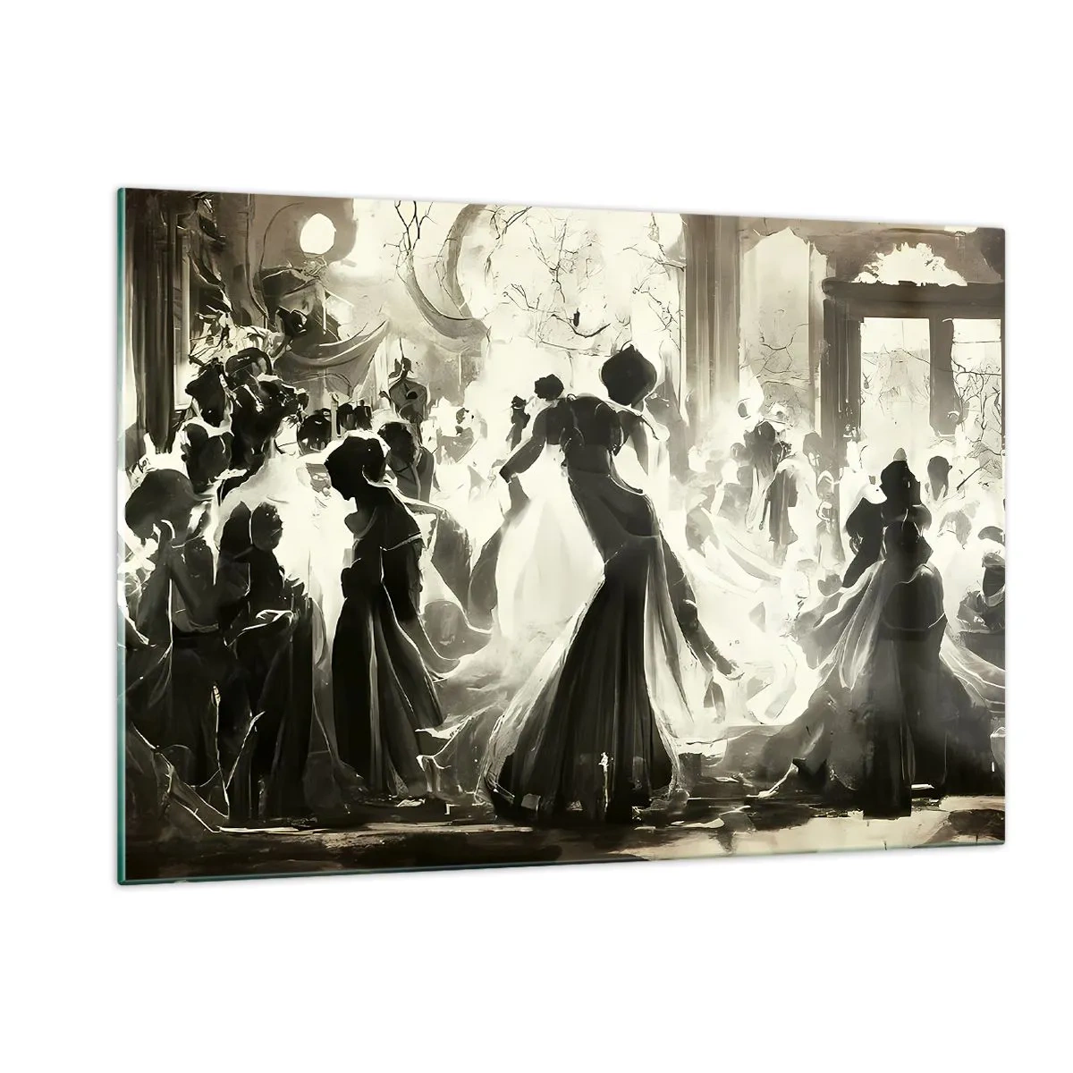 Glasbild - Bild auf glas - Eine Ballsaalszene im Retro-Stil mit tanzenden Figuren - 120x80cm - Die große Maskerade - Moderne Wanddekoration für Wohnzimmer und Schlafzimmer ARTTOR