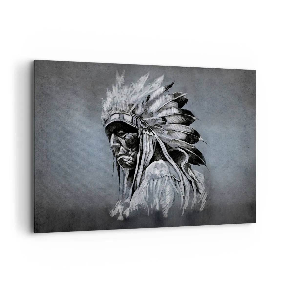 Bild auf Leinwand - Leinwandbild - Porträt eines Indianerhäuptlings mit traditioneller Kopfbedeckung - 100x70cm - Zurück zu den Wurzeln - Moderne Wanddekoration für Wohnzimmer und Schlafzimmer ARTTOR