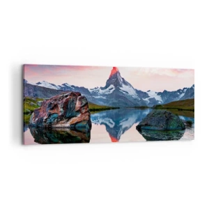Bild auf Leinwand - Leinwandbild - Ein Berggipfel spiegelt sich bei Sonnenuntergang in einem See - 120x50cm - Das Herz der Berge ist heiß - Moderne Wanddekoration für Wohnzimmer und Schlafzimmer ARTTOR