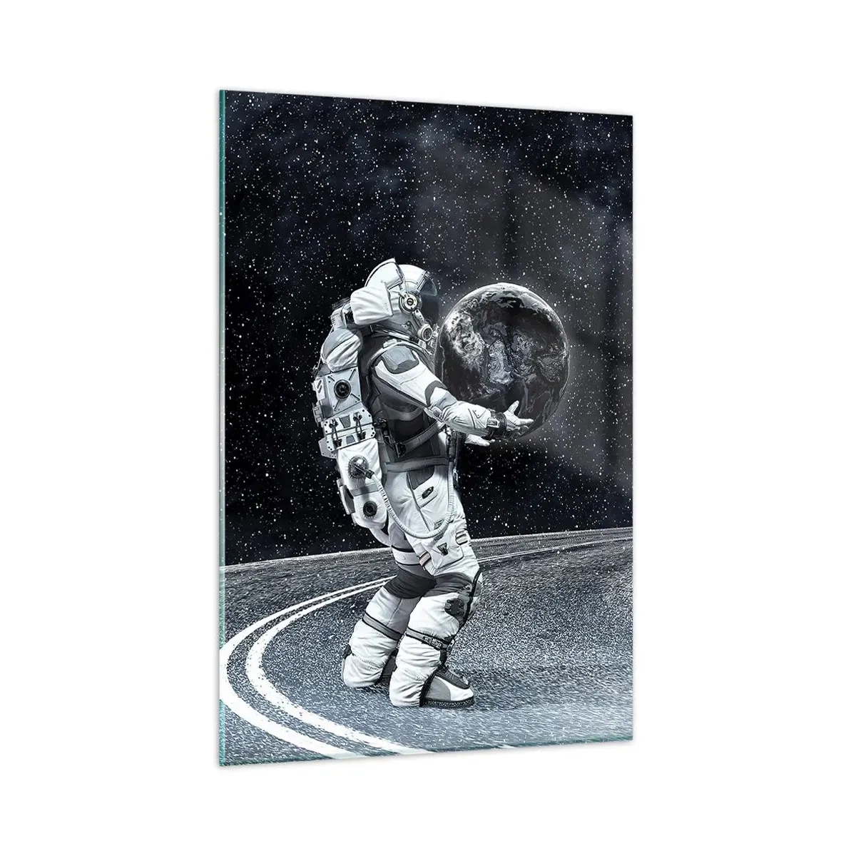 Glasbild - Bild auf glas - Astronaut mit Erde vor dem Sternenhimmel - 80x120cm - Auf der Milchstraße - Moderne Wanddekoration für Wohnzimmer und Schlafzimmer ARTTOR