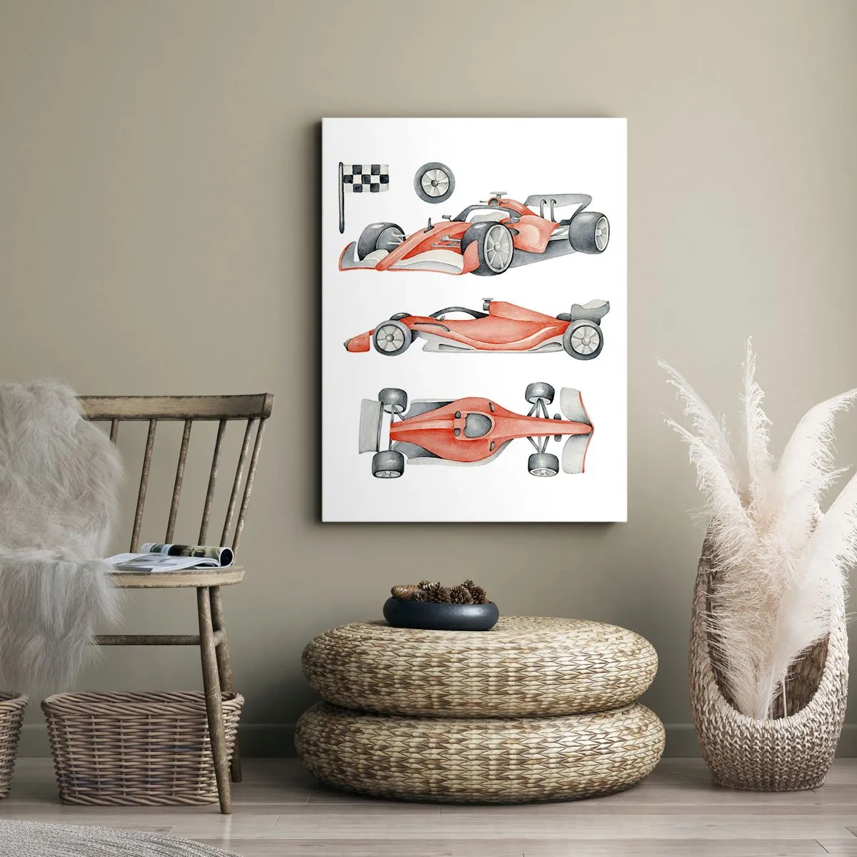 Bild auf Leinwand - Leinwandbild - Ein roter Rennwagen mit einer Zielflagge - 50x70cm - Dem Traum folgen - Moderne Wanddekoration für Wohnzimmer und Schlafzimmer ARTTOR