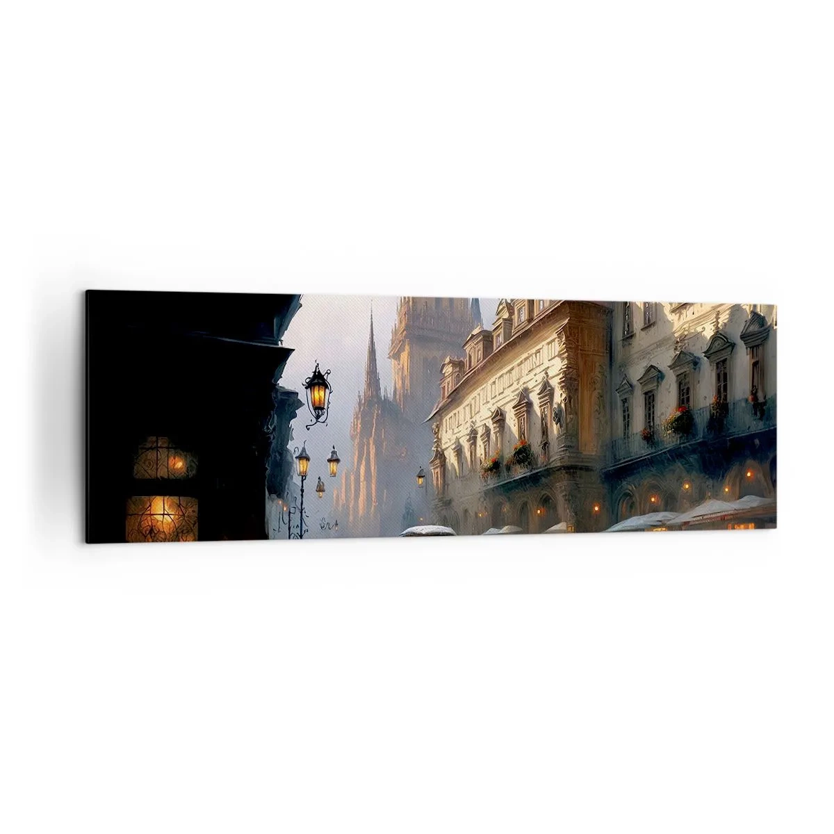 Bild auf Leinwand - Leinwandbild - Abendliche Straßenszene mit historischer Architektur - 160x50cm - Charme eines Prager Abends - Moderne Wanddekoration für Wohnzimmer und Schlafzimmer ARTTOR