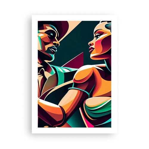 Poster - Bunte Illustration eines Paares, das Tango im Pop-Art-Stil tanzt - 50x70cm - Im Rhythmus des Herzens - Moderne Wanddekoration für Wohnzimmer und Schlafzimmer ARTTOR