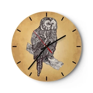 Wanduhr - Glasuhr - Eine kunstvolle Eule auf beigem Hintergrund mit einem komplizierten Muster - 30x30cm - Kunstvolle Ornamente der Weisheit - Moderne Wanddekoration für Wohnzimmer, Küche und Schlafzimmer ARTTOR