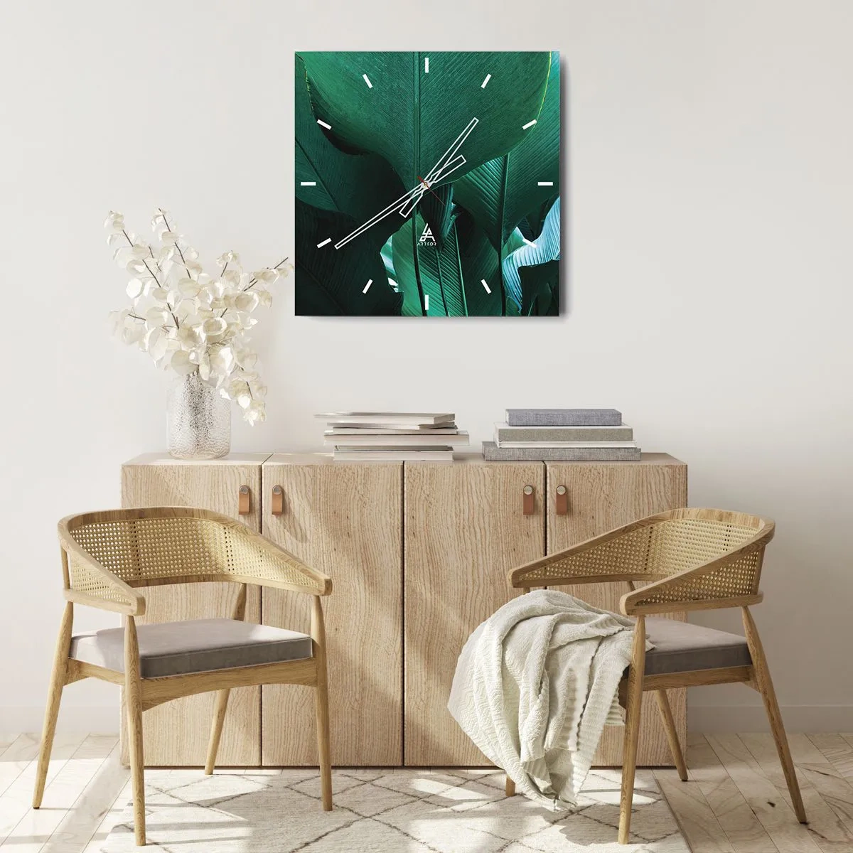 Wanduhr - Glasuhr - Grüne Blätter in minimalistischer Komposition - 30x30cm - Dem Licht zugewandt - Moderne Wanddekoration für Wohnzimmer und Schlafzimmer ARTTOR