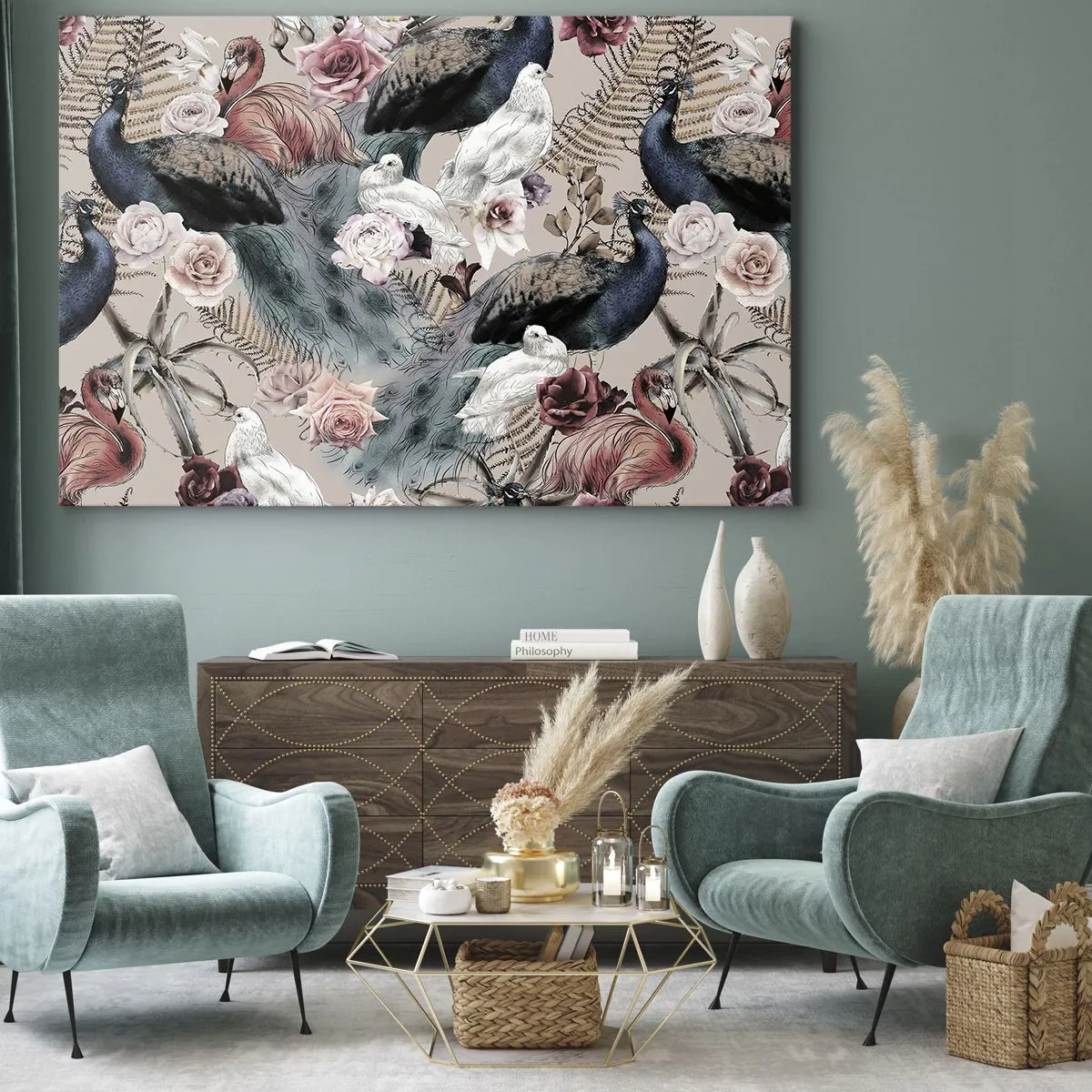 Bild auf Leinwand - Leinwandbild - Eine Landschaft mit Pfauenfedern, Rosen und Vögeln im romantischen Stil. - 120x80cm - Im Schlossgarten - Moderne Wanddekoration für Wohnzimmer und Schlafzimmer ARTTOR