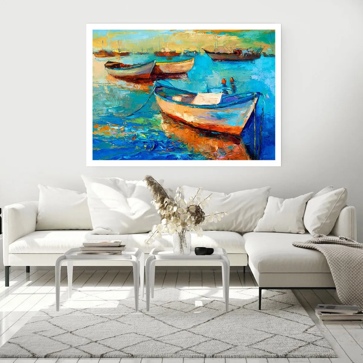 Poster - Bunte Boote vertäut auf ruhigem Wasser - 100x70cm - In der südlichen Bucht - Moderne Wanddekoration für Wohnzimmer und Schlafzimmer ARTTOR