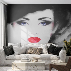 Selbstklebende Fototapete Deluxe Sticker - Er drückt zurück und ruft an - Das Gesicht einer Frau, rote Lippen, Blaue Augen - 100x70 cm