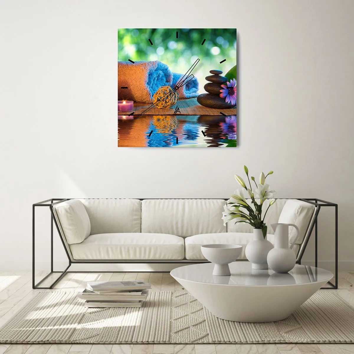 Wanduhr - Glasuhr - Entspannendes SPA-Set mit Handtüchern, Kerzen und Steinen - 30x30cm - Zeit für den Körper - Moderne Wanddekoration für Wohnzimmer und Schlafzimmer ARTTOR