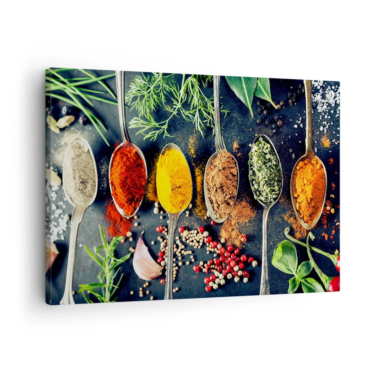 Bild auf Leinwand - Leinwandbild - Bunte Gewürze auf Löffeln mit Kräutern im Hintergrund - 70x50cm - Kulinarische Magie - Moderne Wanddekoration für Wohnzimmer und Schlafzimmer ARTTOR
